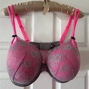Victoria Secret Pink Lace Underwire Bra with Gray Floral Overlay
